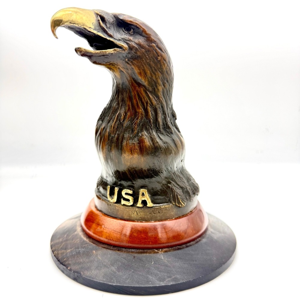 Heavy Cast Brass Bronze Bald Eagle Head Bust Sculpture USA Wood Base 8"‎ - Picture 1 of 16